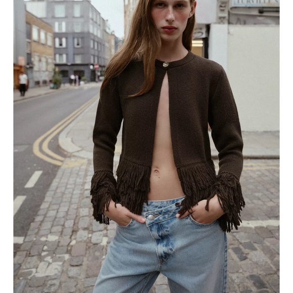 Zara FRINGED BUTTON KNIT CARDIGAN - Picture 1 of 9